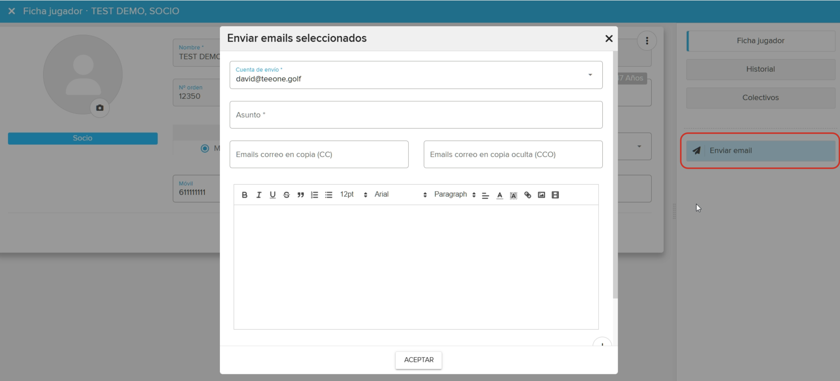 Email composition modal window in a player profile management application.png