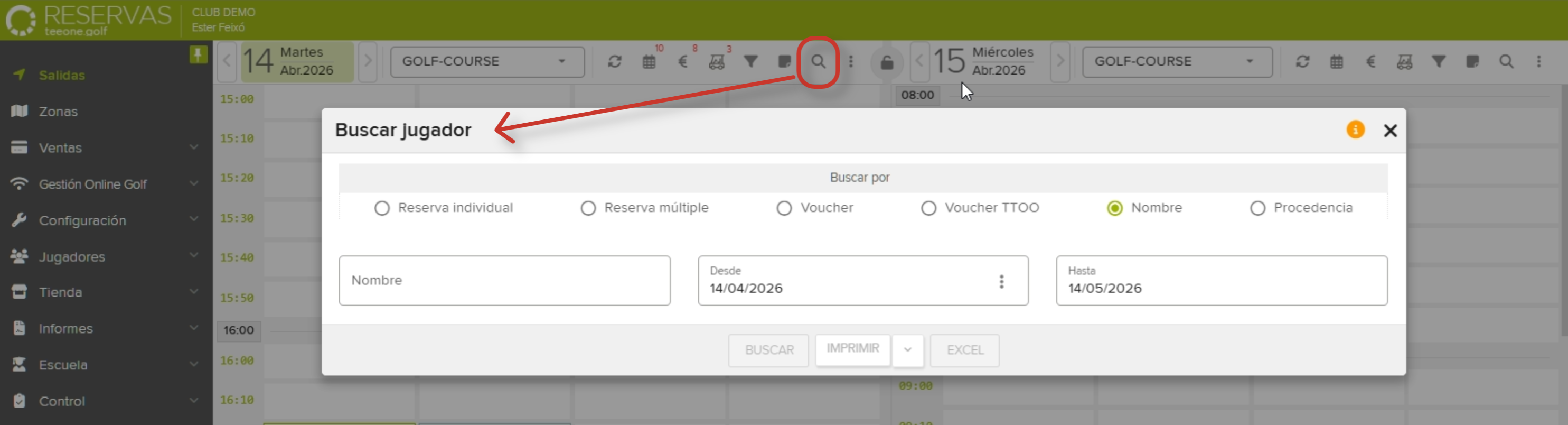 Golf course reservation management dashboard with player search window.png