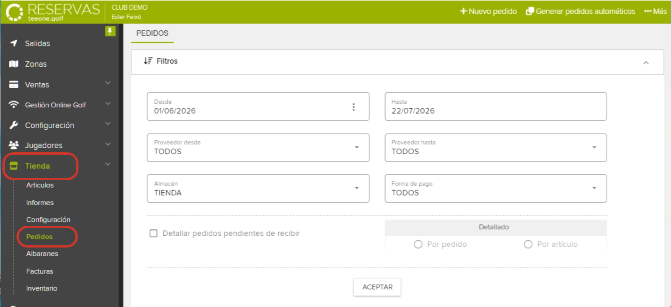 Golf Club Reservation Management Software Order Filter Page.png