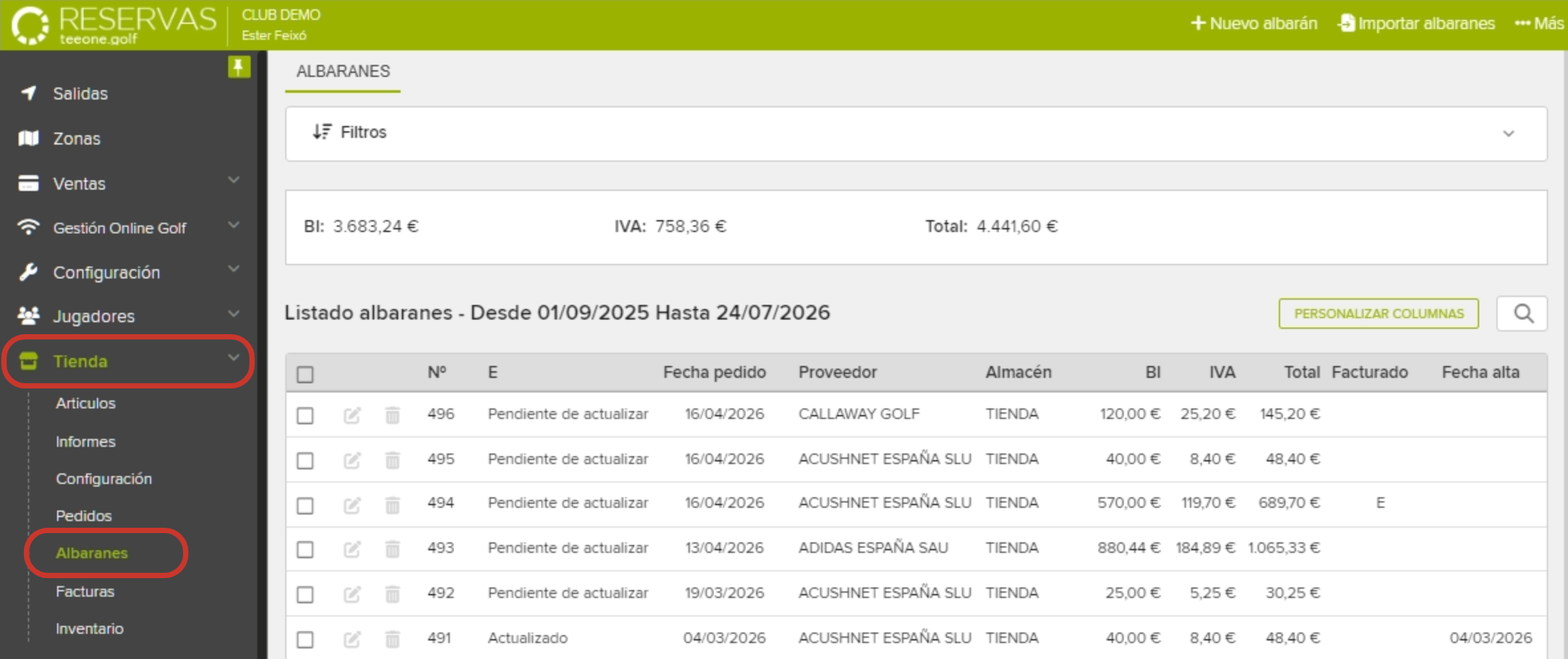 Golf Club Management Dashboard Delivery Notes List.png