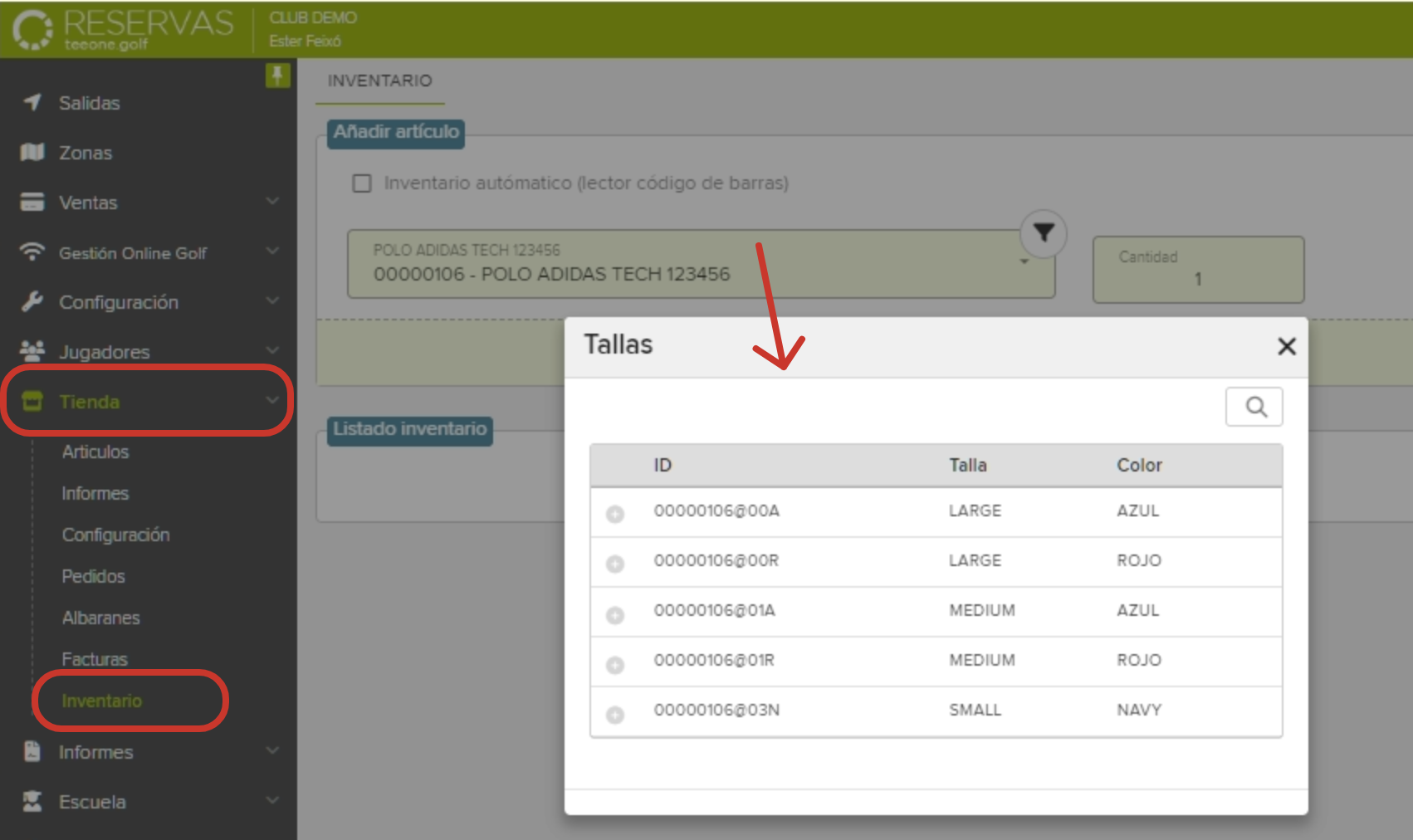 Inventory Management Interface Showing Clothing Size and Color Options.png