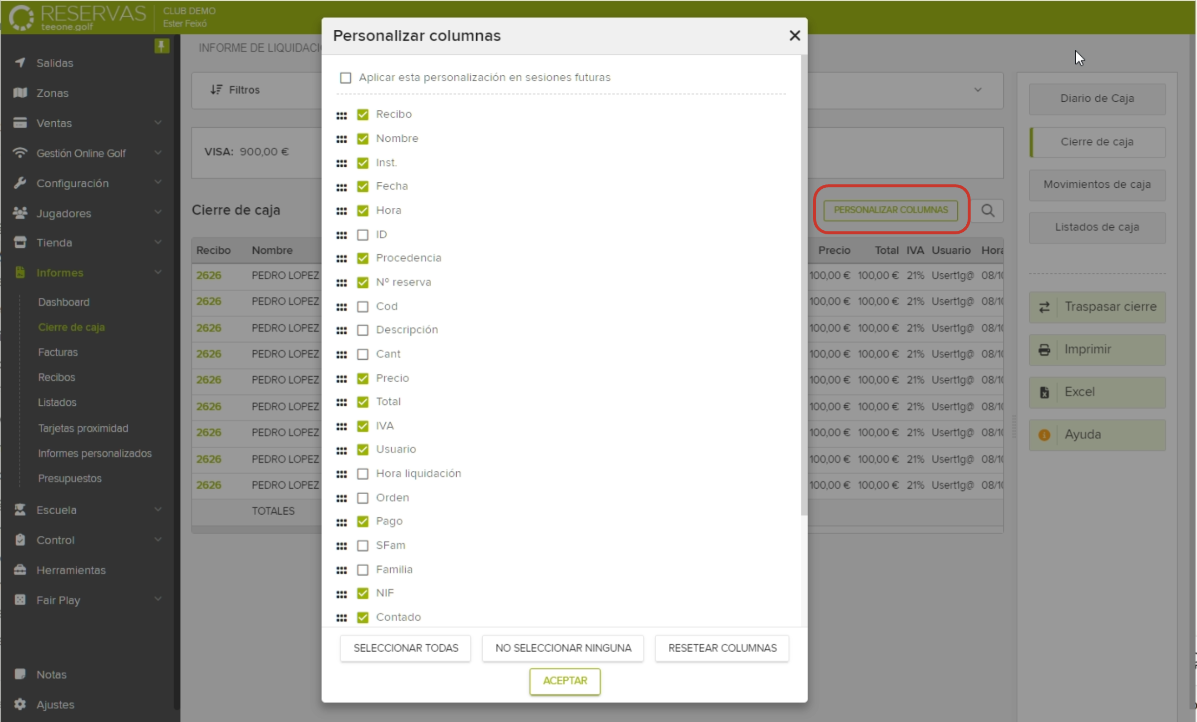 Column customization interface for a reservation management system.png